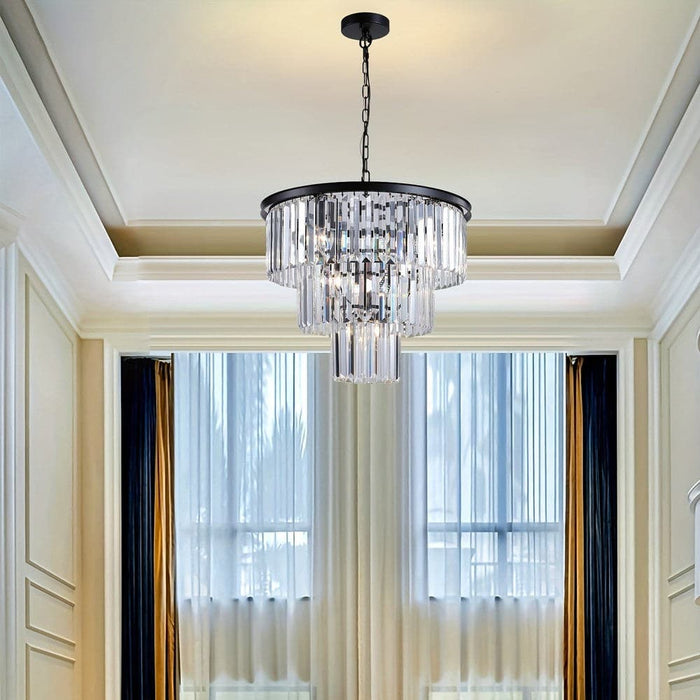 11-Light Black Luxury Crystal Pendant Light, Modern Round 3-layer Crystal Pendant Light Chandelier for Bathroom Dining Room Kitchen Island Living Room-ErisView