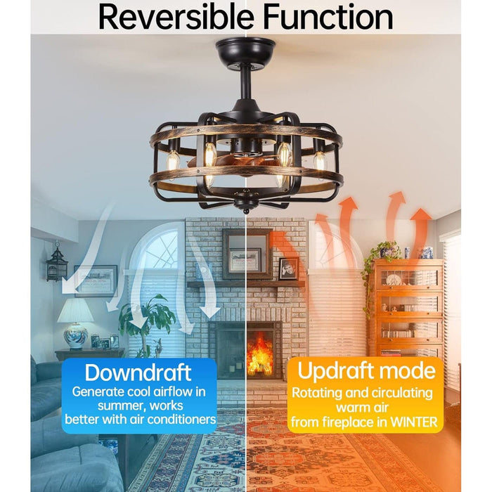 18 in. Caged Ceiling Fan with Remote, Flush Mount Ceiling Fans Chandeliers Fan, Bladeless Vintage Farmhouse Rustic Ceiling Fans with Lights for Bedroom-2-ErisView