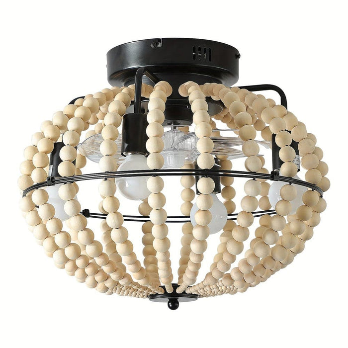 18 in. Boho Style Wooden Beaded Ceiling Light, Globe Shaped White Coastal Flush Mount Light-ErisView
