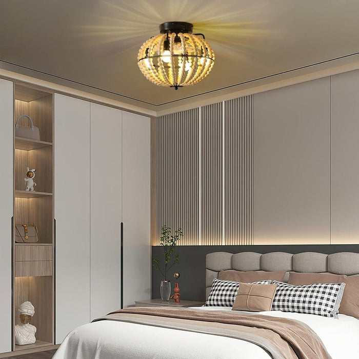 18 in. Boho Style Wooden Beaded Ceiling Light, Globe Shaped White Coastal Flush Mount Light-ErisView
