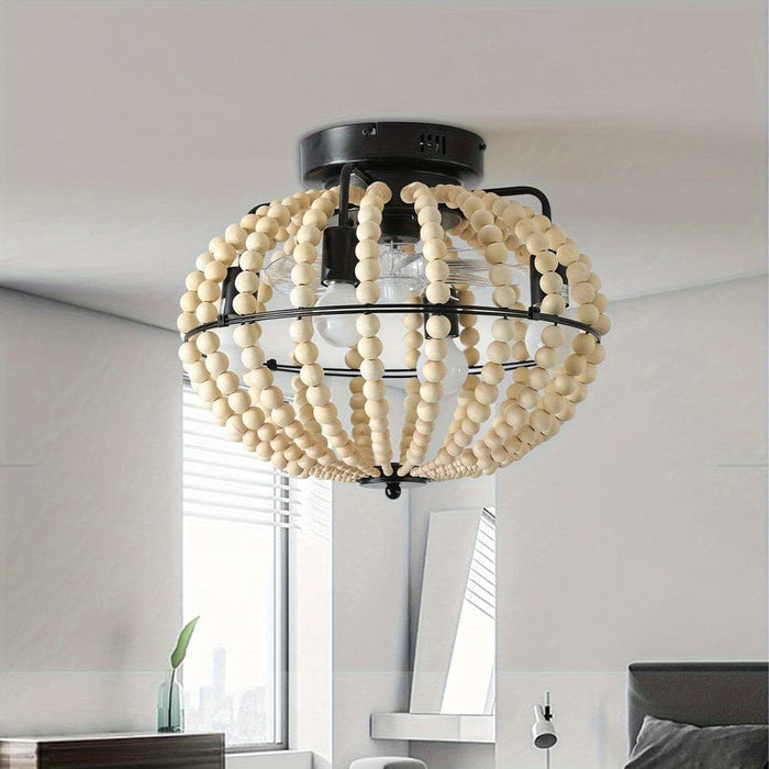 18 in. Boho Style Wooden Beaded Ceiling Light, Globe Shaped White Coastal Flush Mount Light-ErisView