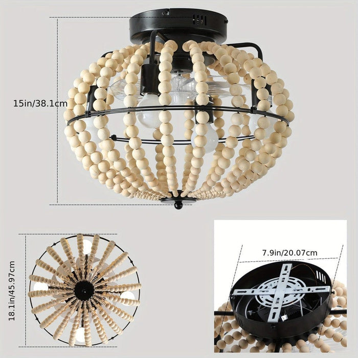 18 in. Boho Style Wooden Beaded Ceiling Light, Globe Shaped White Coastal Flush Mount Light-ErisView