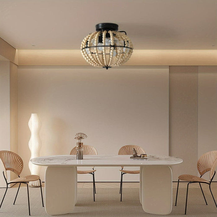 18 in. Boho Style Wooden Beaded Ceiling Light, Globe Shaped White Coastal Flush Mount Light-ErisView