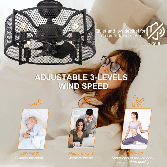 20 in. Farmhouse Flush Mount Ceiling Fan with Light Fixture, Caged Ceiling Fan with Lights and Remote, Enclosed Ceiling Fandelier for Bedroom Kitchen-5-ErisView