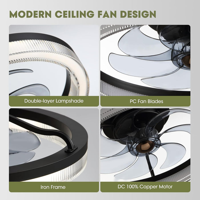 20 in. Black Remote Control Ceiling Fan and Light, Dimmable Semi Flush Mount Low Profile Ceiling Fan, Smart Invisible Reversible Modern Ceiling Fan