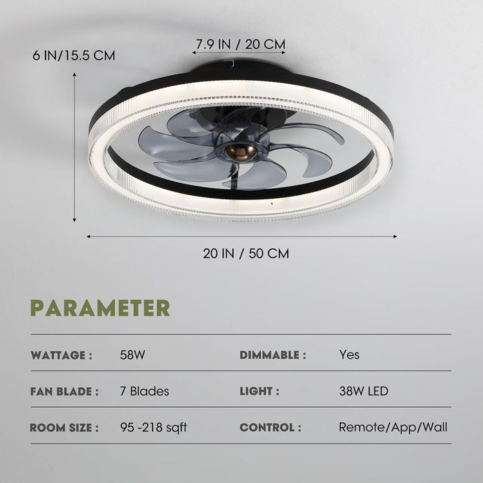20 in. Black Remote Control Ceiling Fan and Light, Dimmable Semi Flush Mount Low Profile Ceiling Fan, Smart Invisible Reversible Modern Ceiling Fan