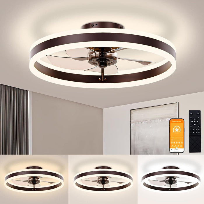 20 in. Flush Mount Ceiling Fandelier for Bedroom, White Low Profile Bladeless Ceiling Fan with Light and Remote