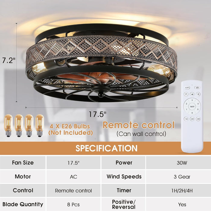 Low Profile Caged Ceiling Fans with Lights and Remote, Flush Mount Ceiling Fan with Light, Bedroom Fan, Small Industrial Black Ceiling Light Fixture, Reversible(Bulbs not Included)
