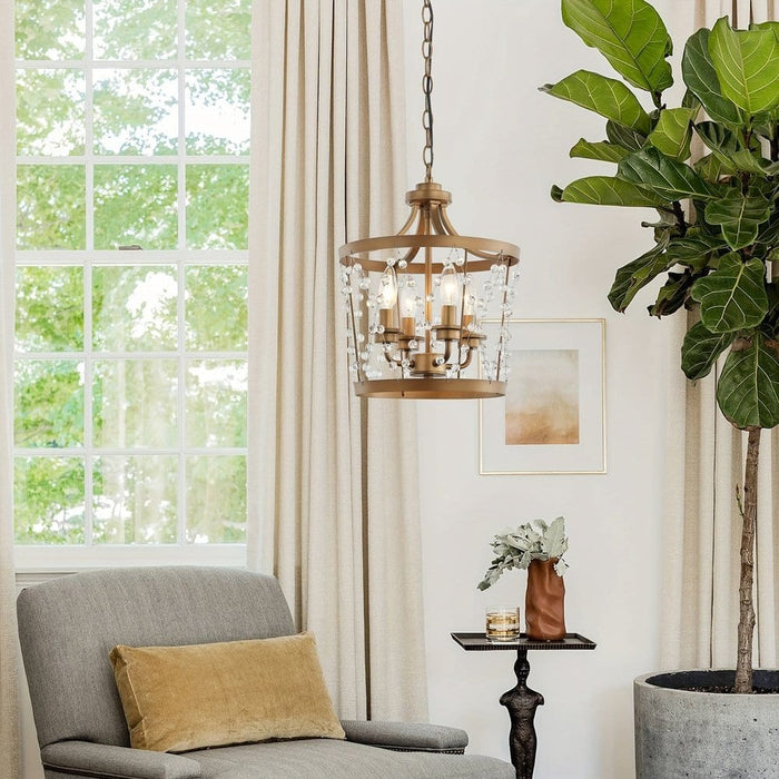 4-Light Rustic Crystal Hanging Light, Dimmable Drum Shaped Crystal Pendant Light for Living Room-Erisiew