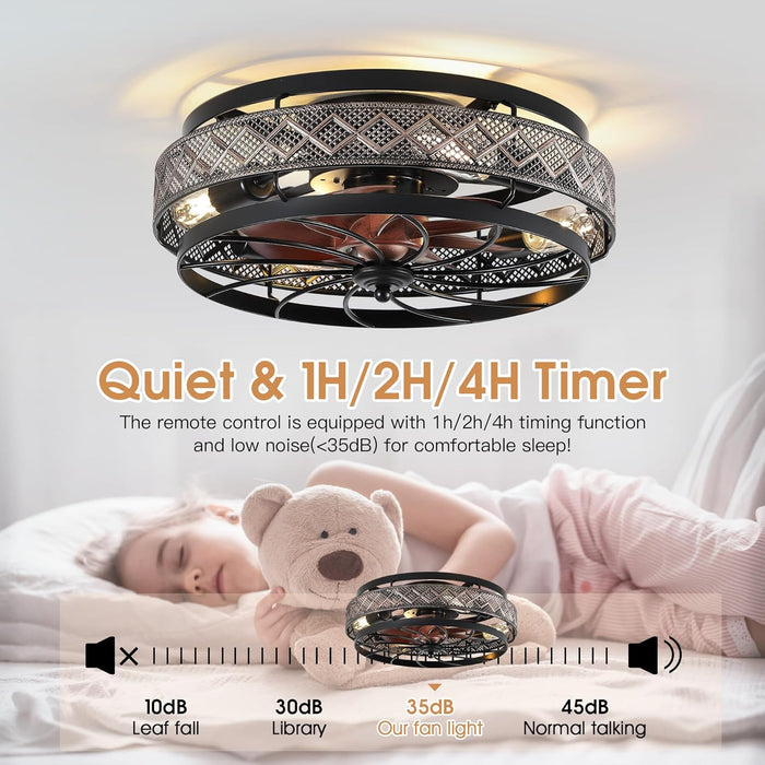 Low Profile Caged Ceiling Fans with Lights and Remote, Flush Mount Ceiling Fan with Light, Bedroom Fan, Small Industrial Black Ceiling Light Fixture, Reversible(Bulbs not Included)