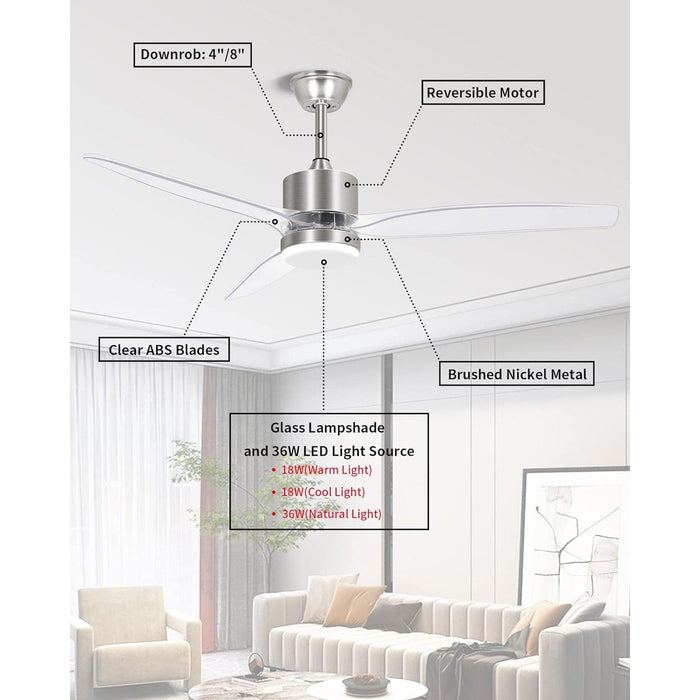 52 in. Brushed Nickel Ceiling Fan with Light and Remote, 3 Reversible Blade LED Ceiling Fan for Living Room Dining Room Bedroom Patio-9-ErisView