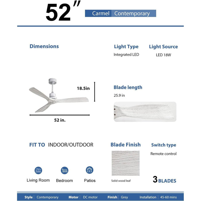 52 in. Ceiling Fan NO Light, 3 Blade Ceiling Fan with Remote, Reversible Ceiling Fan for Bedroom Living Room Porch, Modern Outdoor Ceiling Fan-6-ErisView