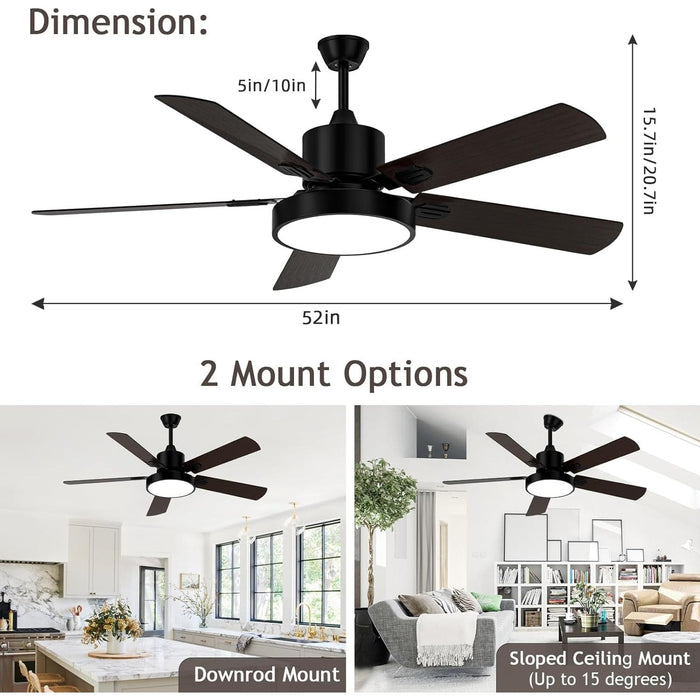 52 in. Ceiling Fans with Lights and Remote, Indoor Outdoor Black Outdoor Fan with Light for Patio Bedroom Living Room-6-ErisView