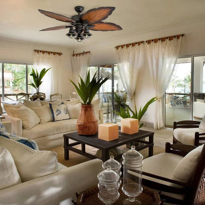 52 in. Tropical Indoor Outdoor Ceiling Fan with Light Kit Pull Chain Remote Control, Weather Resistant Bronze Ceiling Fan with Leaf Blade-ErisView