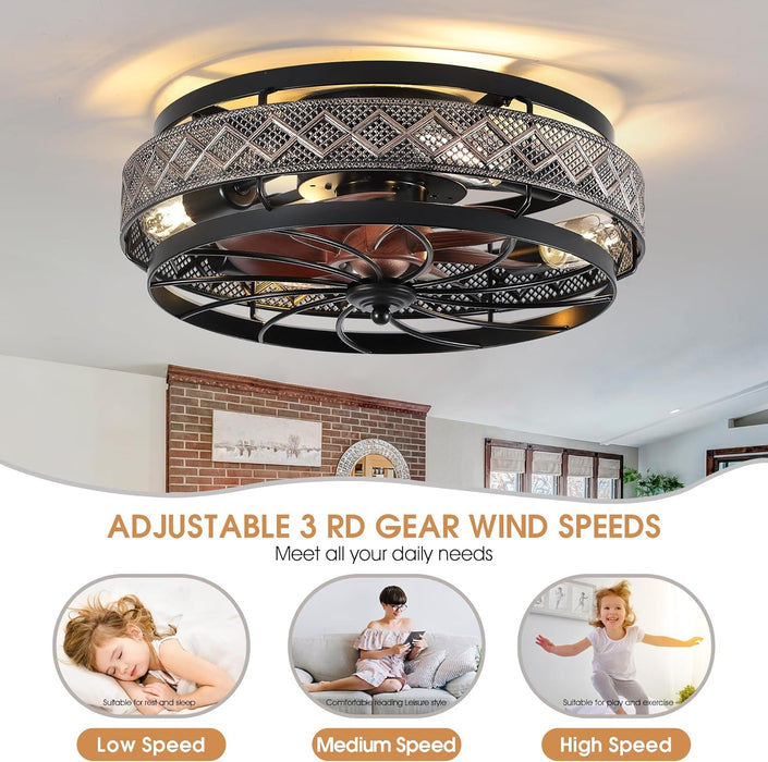 Low Profile Caged Ceiling Fans with Lights and Remote, Flush Mount Ceiling Fan with Light, Bedroom Fan, Small Industrial Black Ceiling Light Fixture, Reversible(Bulbs not Included)