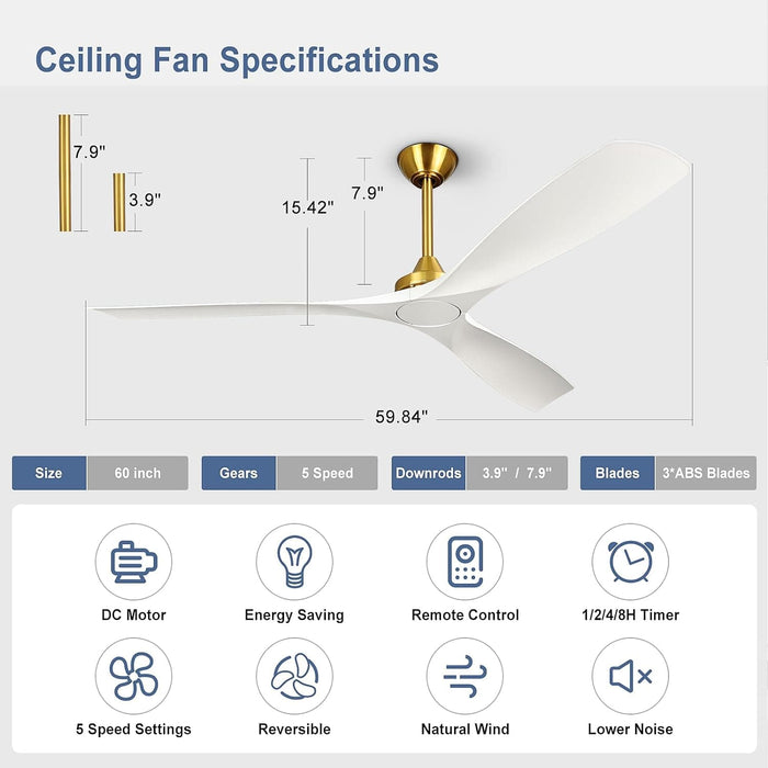 60 in. Ceiling Fan with Remote Control, White and Gold Ceiling Fans without Lights, Indoor Outdoor Reversible Quiet Ceiling Fans for Bedroom Living Room-5-ErisView