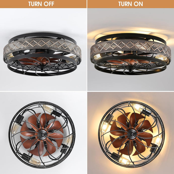 Low Profile Caged Ceiling Fans with Lights and Remote, Flush Mount Ceiling Fan with Light, Bedroom Fan, Small Industrial Black Ceiling Light Fixture, Reversible(Bulbs not Included)