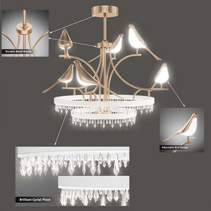 Bird Shaped Rose Gold Crystal Chandelier, Modern Luxury Chandelier with 6 Lights Remote Control-Details-ErisView