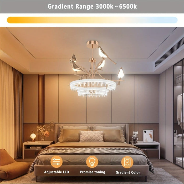 Bird Shaped Rose Gold Crystal Chandelier, Modern Luxury Chandelier with 6 Lights Remote Control for Bedroom-ErisView