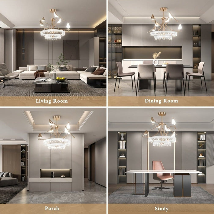 Bird Shaped Rose Gold Crystal Chandelier, Modern Luxury Chandelier with 6 Lights Remote Control for Ding Room Porch Study Bedroom Living Room-ErisView