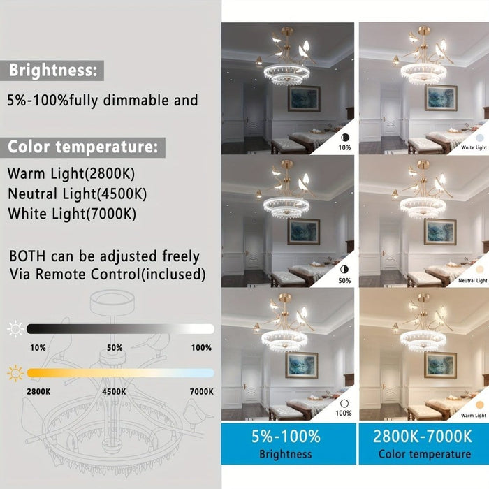 Bird Shaped Rose Gold Crystal Chandelier, Modern Luxury Chandelier with 6 Lights Remote Control for Restaurants Dining Room-Color Temperature-ErisView