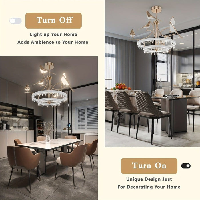 Bird Shaped Rose Gold Crystal Chandelier, Modern Luxury Chandelier with 6 Lights Remote Control for Restaurants Kitchen-Turn on/off-ErisView