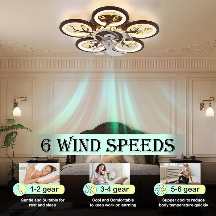 Flower Remote Control Ceiling Fan with Light, Silent Dimmable Invisible Ceiling Fan for Bedroom Living Room, Brown Decorative Ceiling Fans-6-ErisView