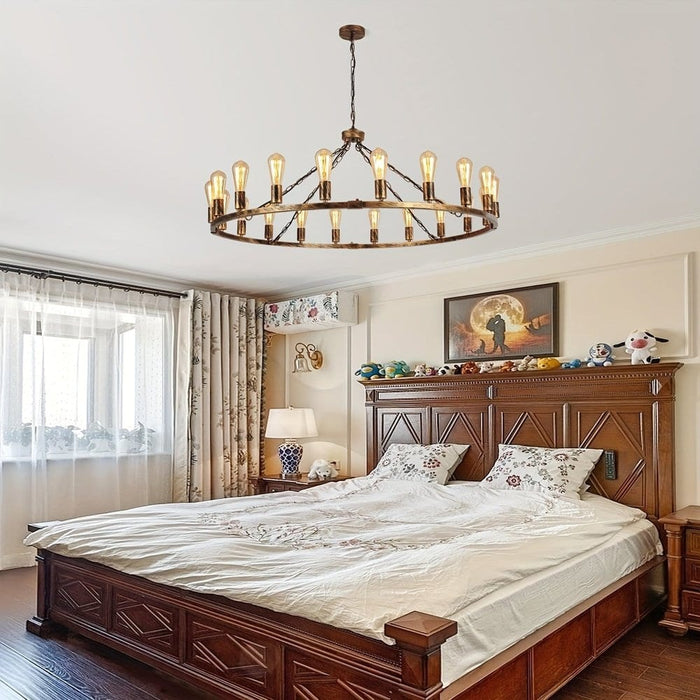 Large Farmhouse Wagon Wheel Chandelier, Rustic Hanging Ceiling Fixture for Bedroom-ErisView