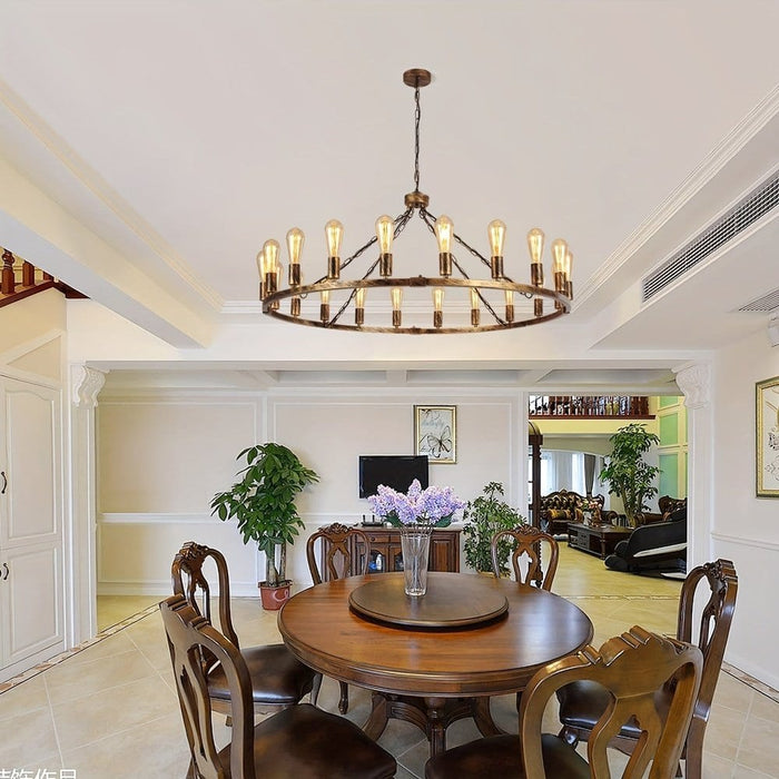 Large Farmhouse Wagon Wheel Chandelier, Rustic Hanging Ceiling Fixture for Dining Room-ErisView