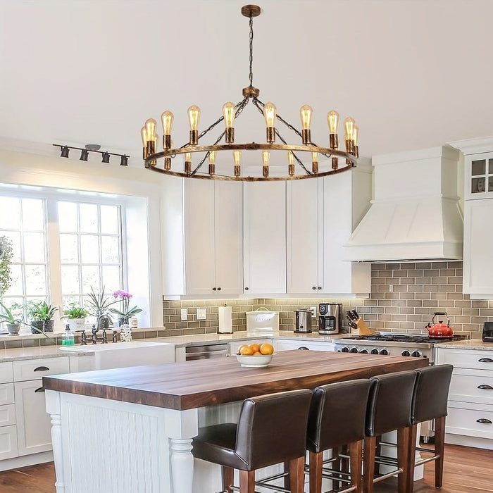 Large Farmhouse Wagon Wheel Chandelier, Rustic Hanging Ceiling Fixture for Dining Room Kitchen-ErisView