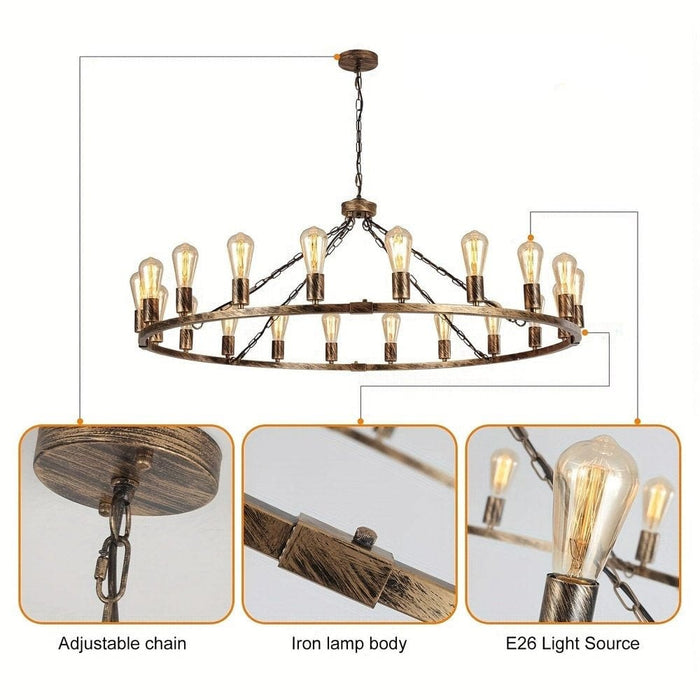 Large Farmhouse Wagon Wheel Chandelier, Rustic Hanging Ceiling Fixture for Dining Room Kitchen Living Room Bedroom-Details-ErisView