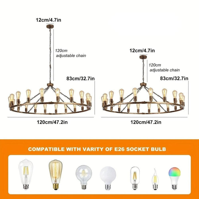 Large Farmhouse Wagon Wheel Chandelier, Rustic Hanging Ceiling Fixture for Dining Room Kitchen Living Room Bedroom-Dimension-ErisView