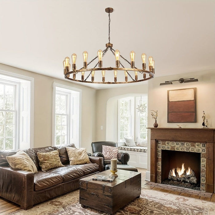 Large Farmhouse Wagon Wheel Chandelier, Rustic Hanging Ceiling Fixture for Living Room-ErisView