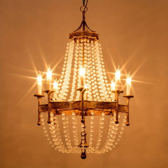 Rustic Gold Empire Crystal Chandelier, Wagon Wheel Crystal Chandelier with 8 Candle Shaped Lights-with Light on-ErisView