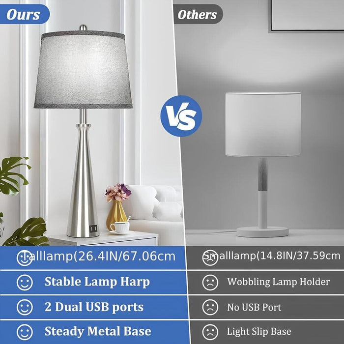 Set of 2 Sliver Table Lamps, Bedside Lamp with Grey Shade, Tall Nickel Nightstand Lamp Desk Lamp-Compare-ErisView