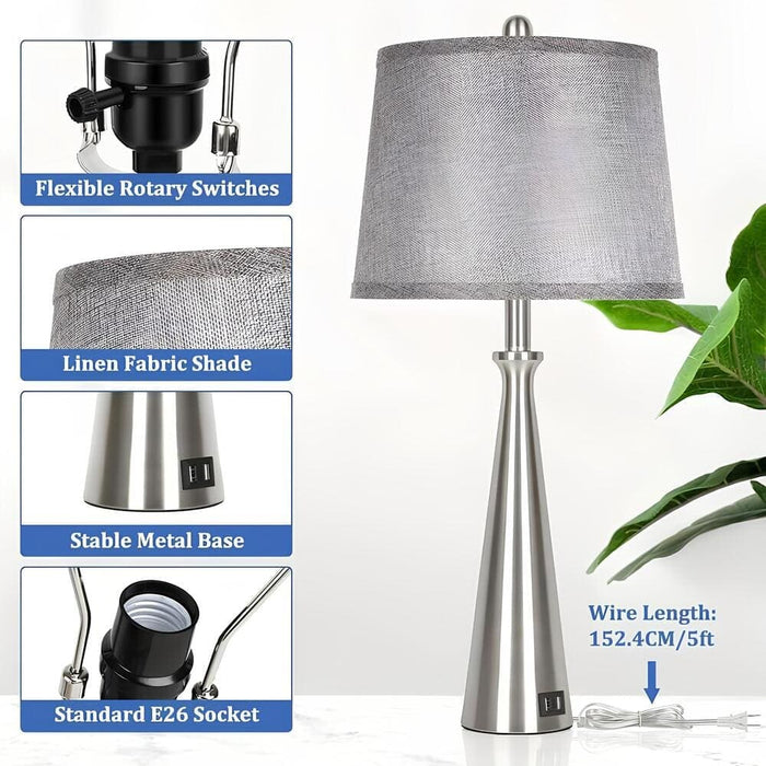 Set of 2 Sliver Table Lamps, Bedside Lamp with Grey Shade, Tall Nickel Nightstand Lamp Desk Lamp-Details-ErisView