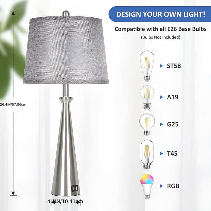 Set of 2 Sliver Table Lamps, Bedside Lamp with Grey Shade, Tall Nickel Nightstand Lamp Desk Lamp