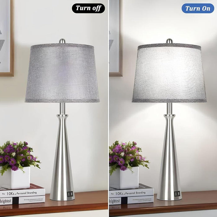 Set of 2 Sliver Table Lamps, Bedside Lamp with Grey Shade, Tall Nickel Nightstand Lamp Desk Lamp-Turn On/Off-ErisView
