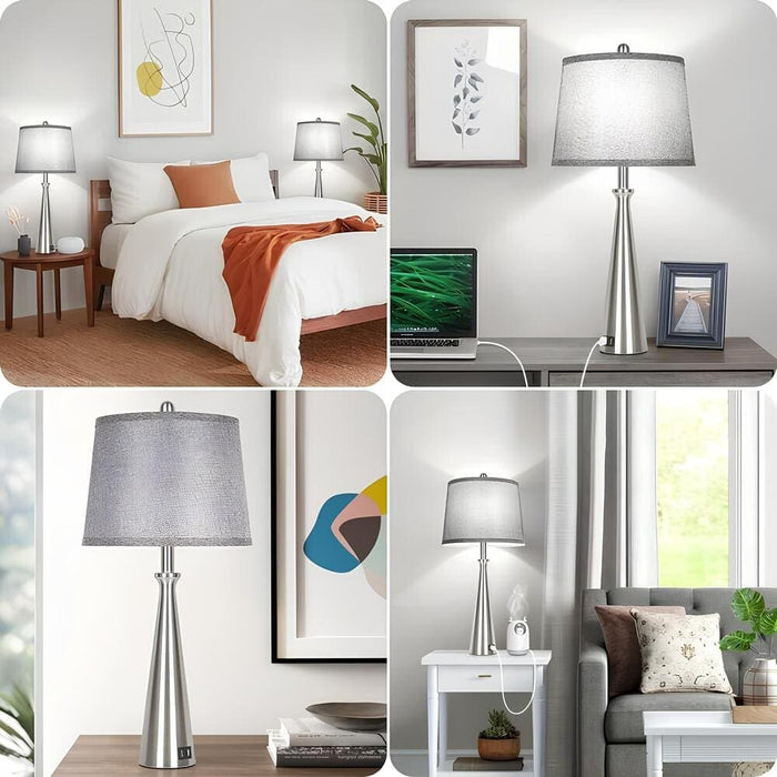 Set of 2 Sliver Table Lamps, Bedside Lamp with Grey Shade, Tall Nickel Nightstand Lamp Desk Lamp-Using Scenario-ErisView