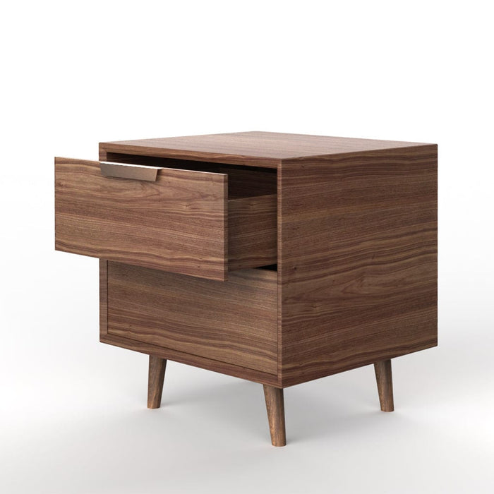 Solid Pine Wood Mid Century 2 Drawer Nightstand-Side View with Open Drawer-ErisView