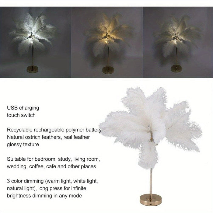 White Feather Table Lamp with Gold Metal Base, Dimmable Touch Table Lamp Nightstand Lamp, Desk Night Light 3 Color Temperature ErisView