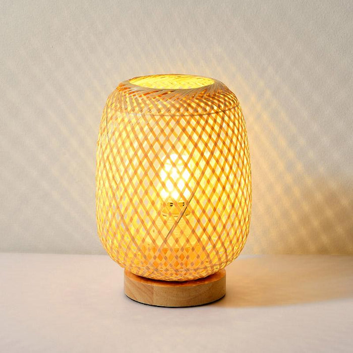 Rattan Bamboo Table Lamps with wood base. E27/E26 LED Natural Woven Bedside Desk NightLight