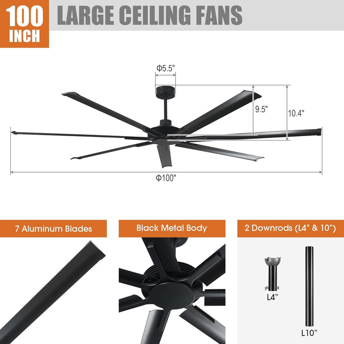 100 in. Black Extra Large Ceiling Fans without Lights, Outdoor Fan with Remote for Garage, Reversible Ceiling Fan, Porch Ceiling Fans-4-ErisView