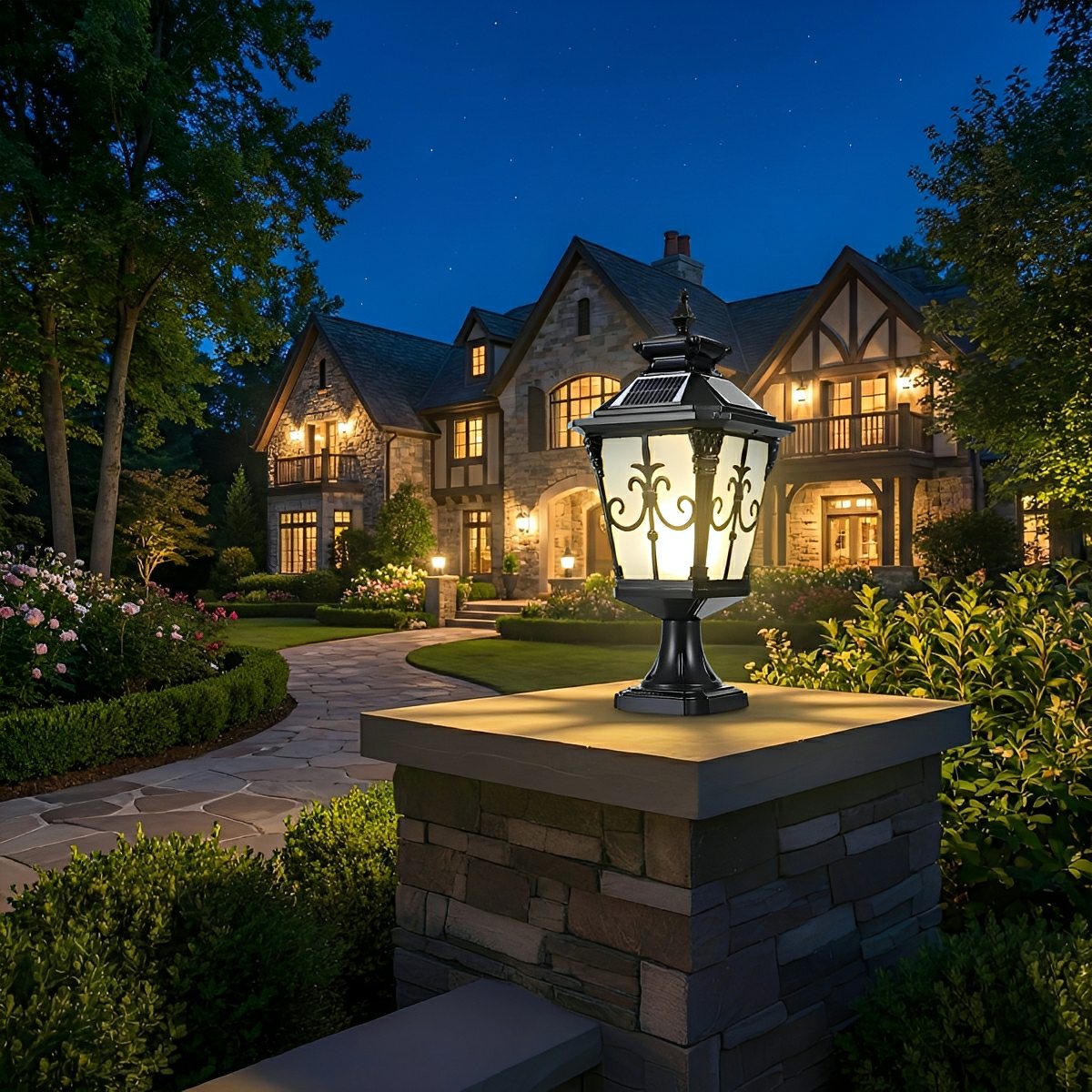Retro Pattern Solar Fence Post Light - Outdoor LED Deck and Patio Accent Lighting