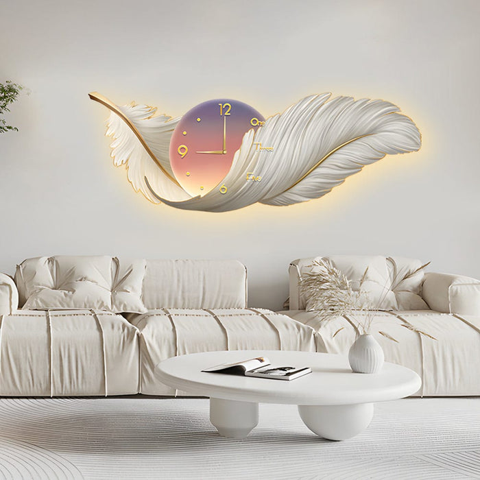Feathers Decorative Painting with Clock USB Modern LED Wall Lamp Remote Control