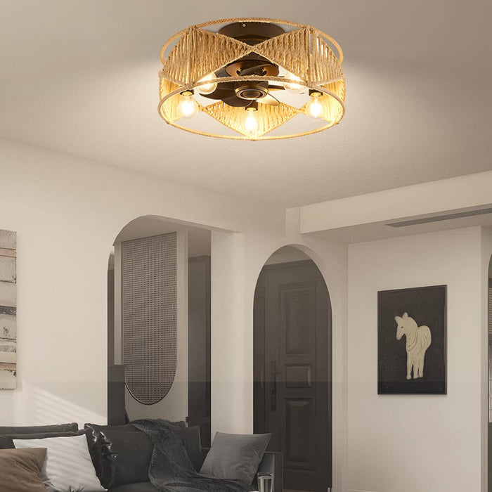 20-in Hemp Rope-Woven Caged Ceiling Fan with Light and Remote. 6-Speed