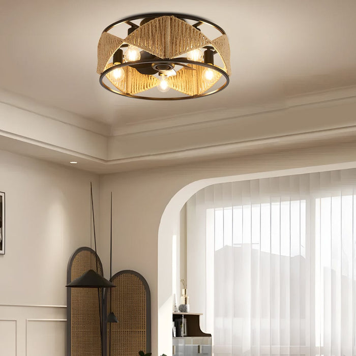 20-in Hemp Rope-Woven Caged Ceiling Fan with Light and Remote. 6-Speed