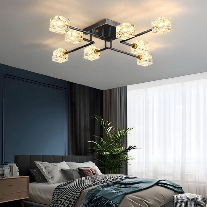 Modern Copper Crystal Cube Semi-Flush Mount Light Fixture. 4/6/8-Light