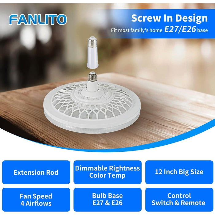 12 in. Screw In Socket Fan Light, Dimmable Light Socket Fan with Remote, Modern Flush Mount Low Profile Ceiling Fan for Bedroom Living Room Kitchen-2-ErisView