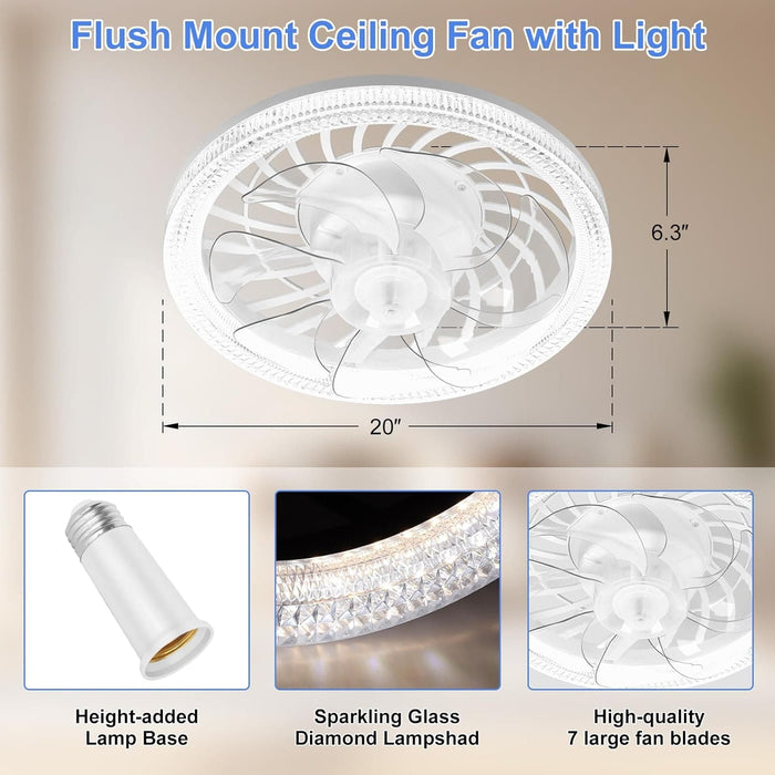 12 in. White Socket Ceiling Fan with Lights and Remote, Modern Flush Mount Ceiling Fan, Remote Control Ceiling Fans, Bedroom Ceiling Fans-5-ErisView